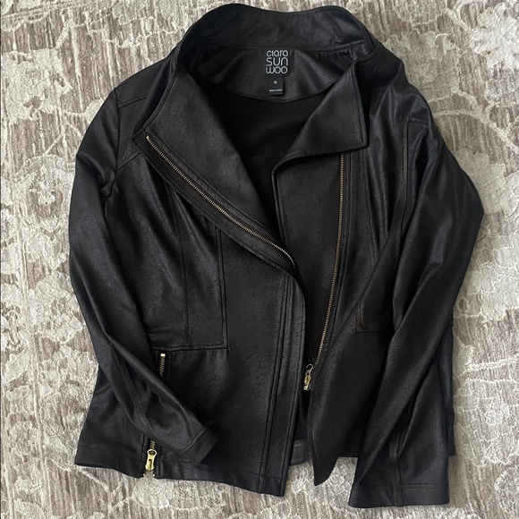 CLARA SUNWOO Jackets & Blazers - CLARA SUNWOO Black Leather Jacket with Gold Zippers